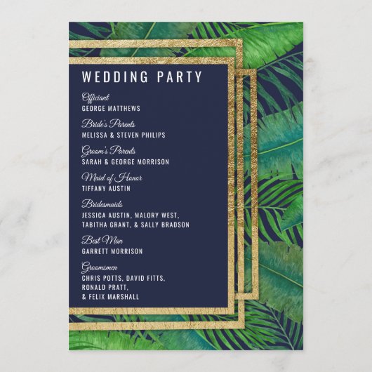Tropische palmboom Greenery Gold Navy Blue Wedding Programmakaart (Achterkant)