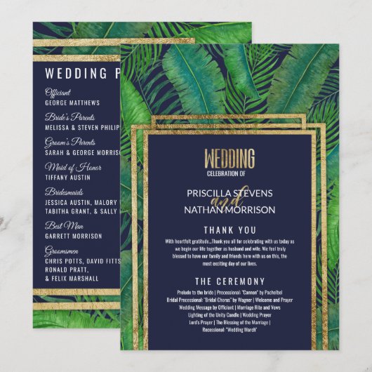 Tropische palmboom Greenery Gold Navy Blue Wedding Programmakaart (Voorkant / Achterkant)