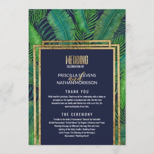 Tropische palmboom Greenery Gold Navy Blue Wedding Programmakaart (Voorkant)