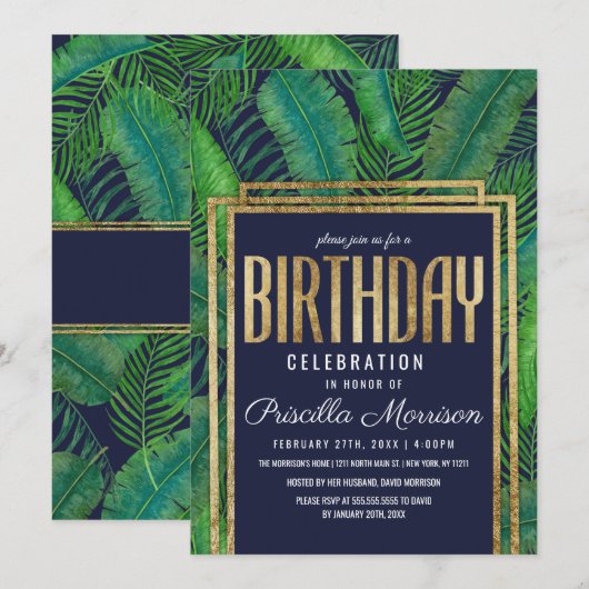 Tropische Palmboom Groen Goud Navyblauw Verjaardag Kaart (Voorkant / Achterkant)