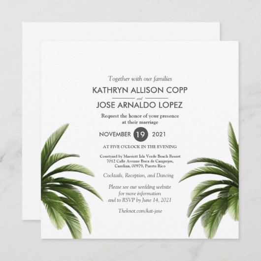 Tropische palmboom Groene trouwkaart Kaart (Voorkant / Achterkant)