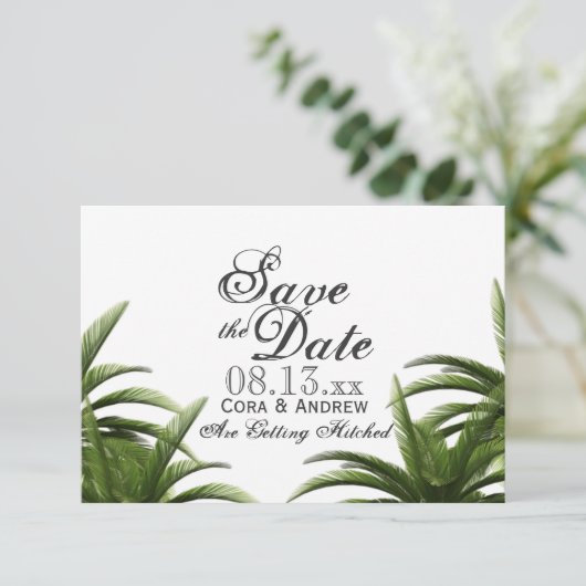 Tropische palmboom groene trouwkaart 'Save the Dat Kaart (Staand voorkant)