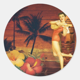 tropische palmboom hawaïaans meisje aloha ronde sticker