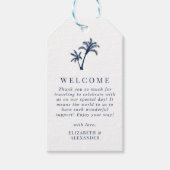 Tropische palmboom marine blauw bruiloft welkom cadeaulabel (Voorkant)