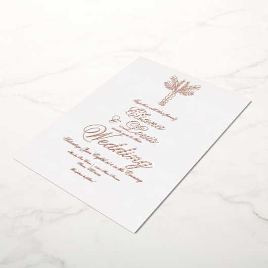 Tropische palmboom met hand getekende bruiloft gep folie uitnodiging (Gedraaid)