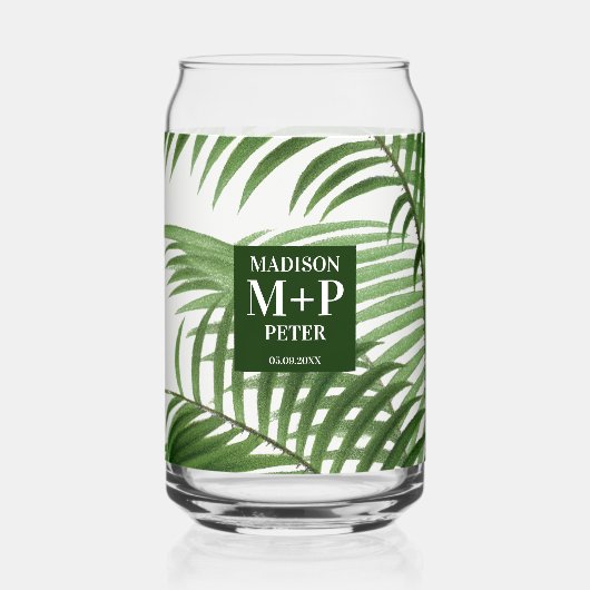Tropische palmboom monogram bruiloft cadeau blikvorm glas (Voorkant)