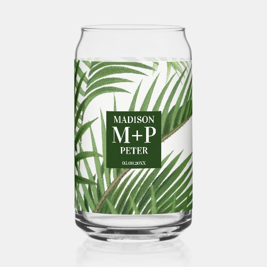 Tropische palmboom monogram bruiloft cadeau blikvorm glas (Achterkant)