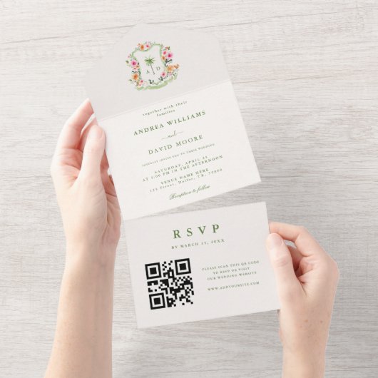 Tropische Palmboom Monogram QR Code Strand Huwelij All In One Uitnodiging (Afscheurbaar)