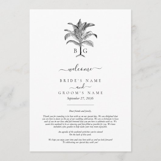 Tropische palmboom Monogram trouwroute Programmakaart (Voorkant)