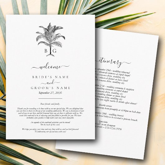 Tropische palmboom Monogram trouwroute Programmakaart