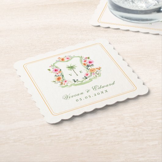 Tropische Palmboom Monogram Zomer Strand Huwelijk Kartonnen Onderzetters (Gebogen)