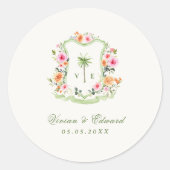 Tropische Palmboom Monogram Zomer Strand Huwelijk Ronde Sticker (Voorkant)