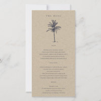 Tropische palmboom Navy Kraft trouwmenu kaart