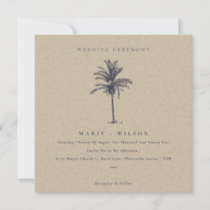 Tropische palmboom Navy Kraft Wedding Invite Bedankkaart