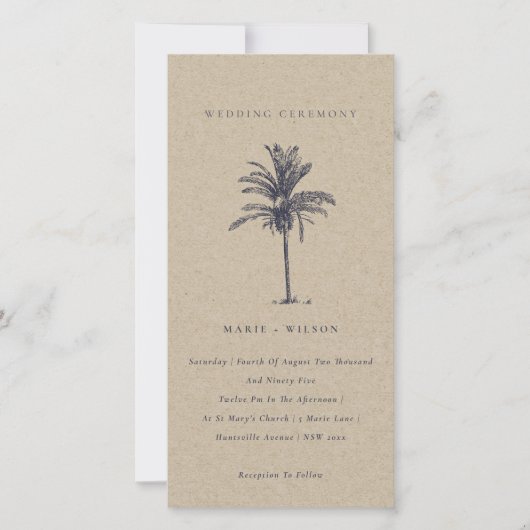 Tropische palmboom Navy Kraft Wedding Invite Bedankkaart (Voorkant)