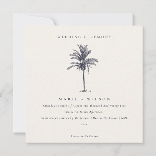 Tropische palmboom Navy Kraft Wedding Invite Bedankkaart (Voorkant)