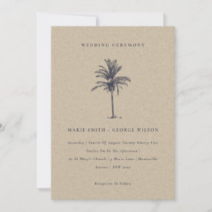 Tropische palmboom Navy Kraft Wedding Invite Bedankkaart