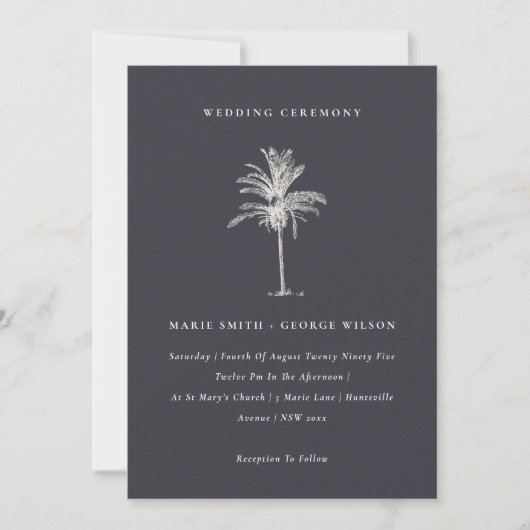 Tropische palmboom Navy Kraft Wedding Invite Bedankkaart (Voorkant)
