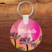 Tropische palmboom Neon Pink Patroonnaam Sleutelhanger (Voorkant)