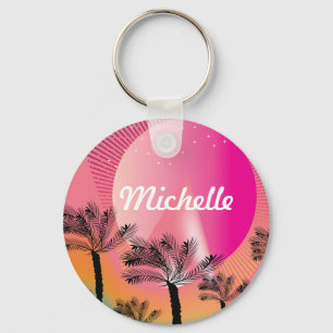 Tropische Palmboom Neon Roze Patroon Naam  Sleutelhanger