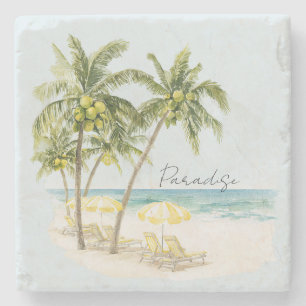 Tropische Palmboom Ocean Gele Parasols Stenen Onderzetter