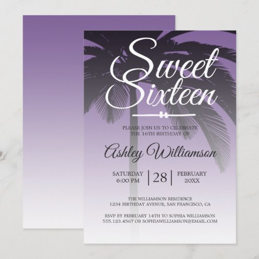 Tropische palmboom Paars Sweet 16 16th Birthday Kaart (Voorkant / Achterkant)