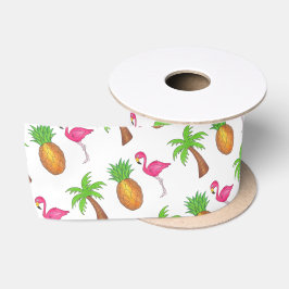 Tropische palmboom Pineapple Pink Flamingo Satijnen Lint