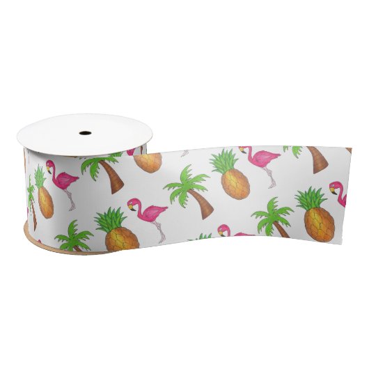Tropische palmboom Pineapple Pink Flamingo Satijnen Lint (Spoel)