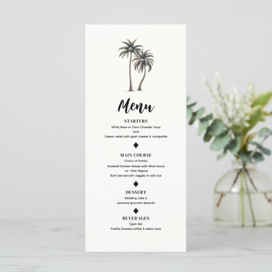 Tropische palmboom rustieke kust bruiloft menu (Staand voorkant)