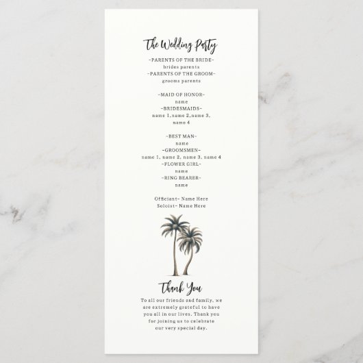 Tropische palmboom rustieke kust bruiloft programm programmakaart (Achterkant)
