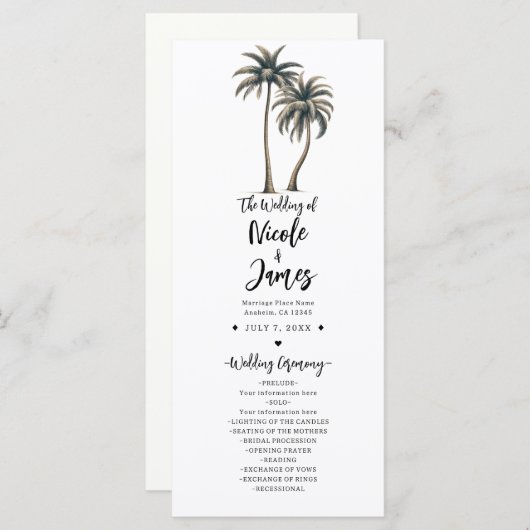 Tropische palmboom rustieke kust bruiloft programm programmakaart (Voorkant / Achterkant)