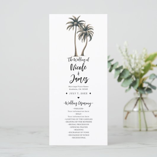 Tropische palmboom rustieke kust bruiloft programm programmakaart (Staand voorkant)