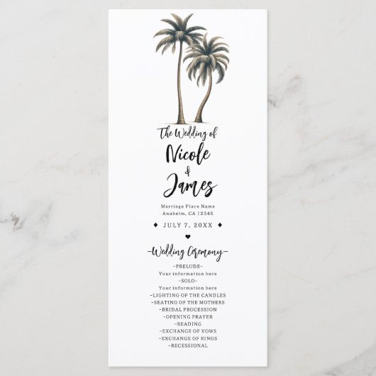 Tropische palmboom rustieke kust bruiloftsprogramm programmakaart (Voorkant)