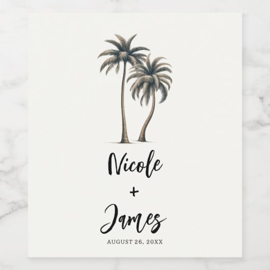 Tropische palmboom rustieke kustbruiloft wijn etiket (Enkel label)
