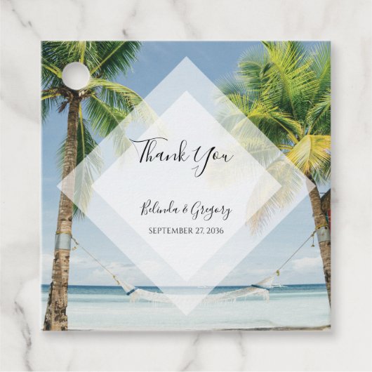 Tropische Palmboom Strand Bruiloft Cadeau Bedankjes Labels (Voorkant)