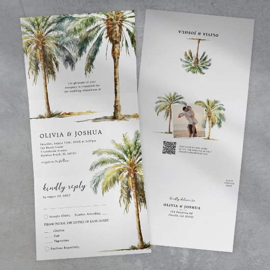 Tropische Palmboom Strand Bruiloft Drieluik Uitnodiging