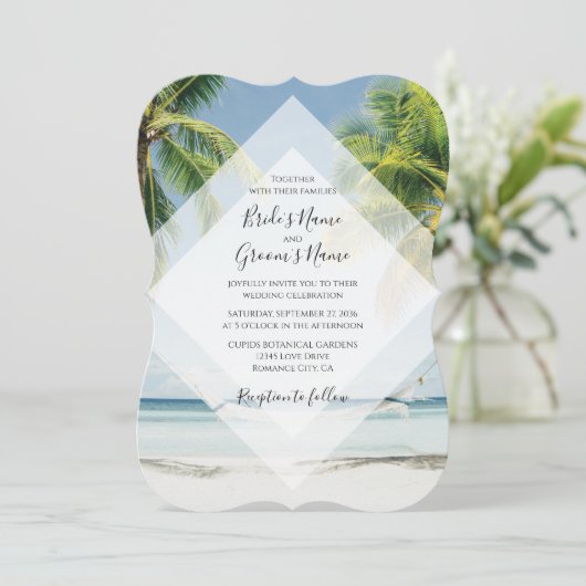 Tropische Palmboom Strand Bruiloft Uitnodigingen (Staand voorkant)