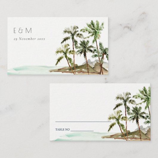 Tropische palmboom strand zand monogram bruiloft plaatskaartje (Voorkant / Achterkant)