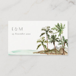 Tropische palmboom strand zand monogram bruiloft plaatskaartje