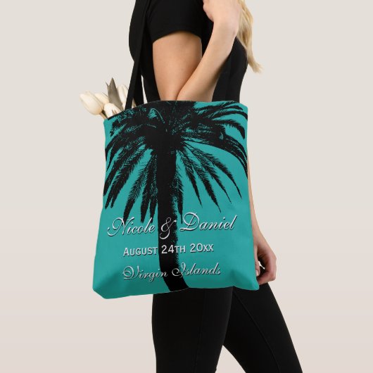 Tropische palmboom strandbruiloft bestemmingsbrij tote bag (Dichtbij)