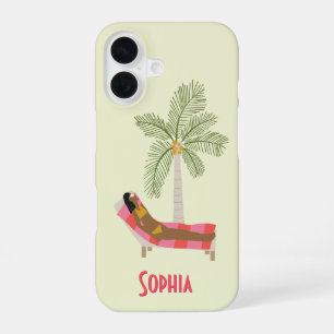 Tropische palmboom strandmeisje gepersonaliseerde  iPhone 16 hoesje