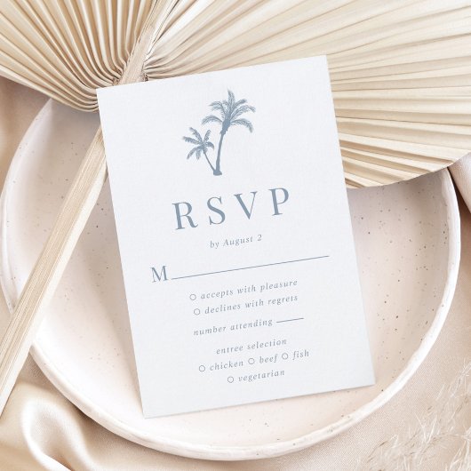 Tropische palmboom Stusty Blue Beach Wedding RSVP Kaartje