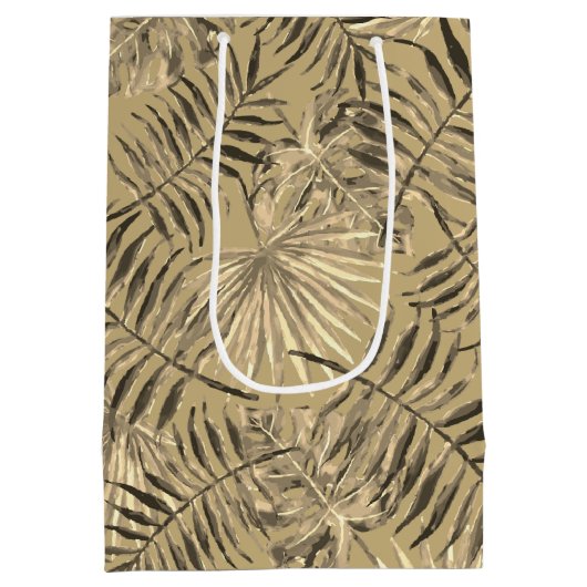 Tropische palmboom verlaat patroongoud medium cadeauzakje (Achterkant)