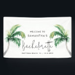 Tropische Palmboom Verloofdengroep Feest Verwelkom Spandoek<br><div class="desc">Vier de laatste dolle pret van de bruid voordat de ring om gaat in tropische stijl met onze gepersonaliseerde vrijgezellenfeest-welkomstbanner met een chic palmboomontwerp! Deze slanke en sassy banner voegt een beetje paradijs toe aan het feest, waardoor elke toost een memorabele moment wordt. Personaliseer het met de naam van de...</div>