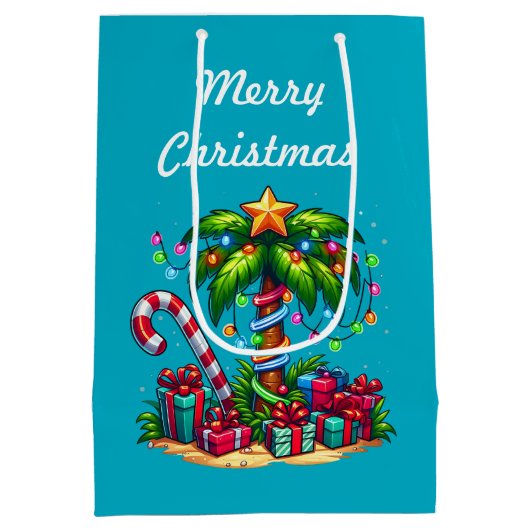 Tropische palmboom vrolijk kerstfeest medium cadeauzakje (Achterkant)