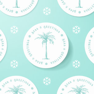 Tropische Palmboom Zeeën en Groeten Kerstmis Ronde Sticker