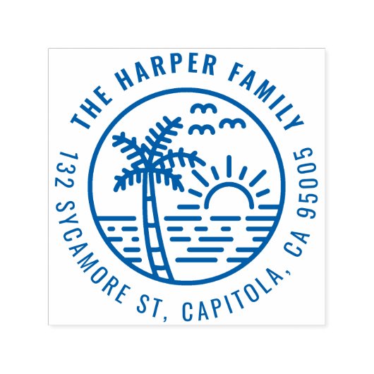 Tropische palmboom zonsondergang familie retour ad  zelfinktende stempel (Design)