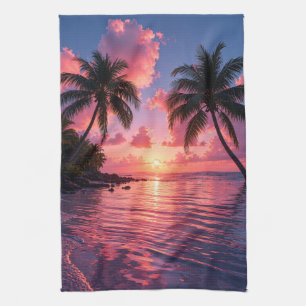 Tropische palmboom zonsondergang roze oceaan stran theedoek