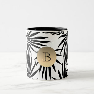 Tropische Palmboom Zwart Wit Goud Monogram Tweekleurige Koffiemok