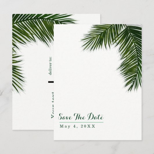 Tropische Palmboomblad Trouwkaart Save the Date Aankondigingskaart (Voorkant / Achterkant)